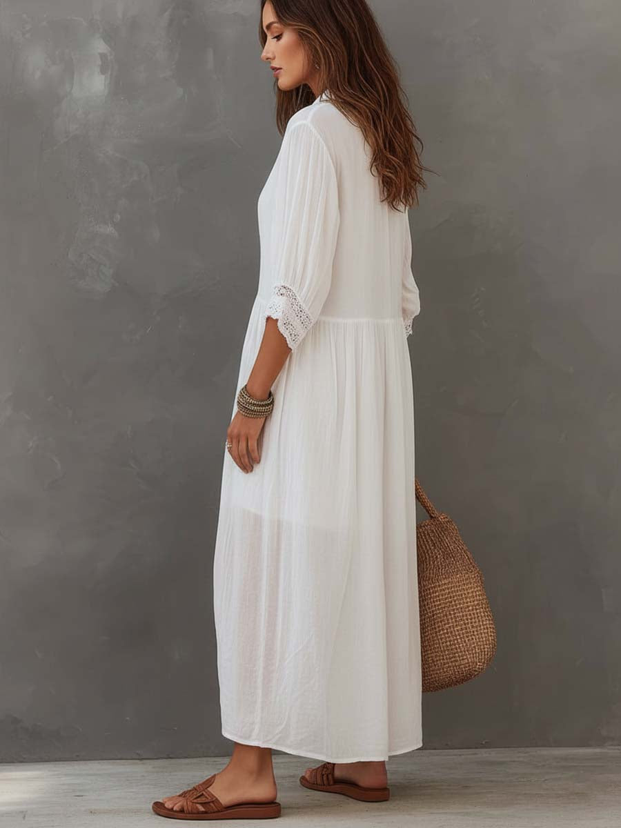 Kelowna™ | Vintage Lace-Trimmed Shirt Maxi Dress