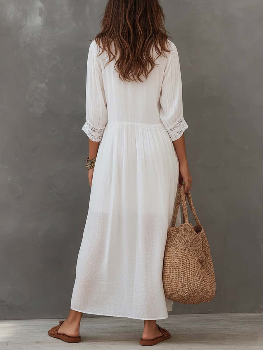 Kelowna™ | Vintage Lace-Trimmed Shirt Maxi Dress