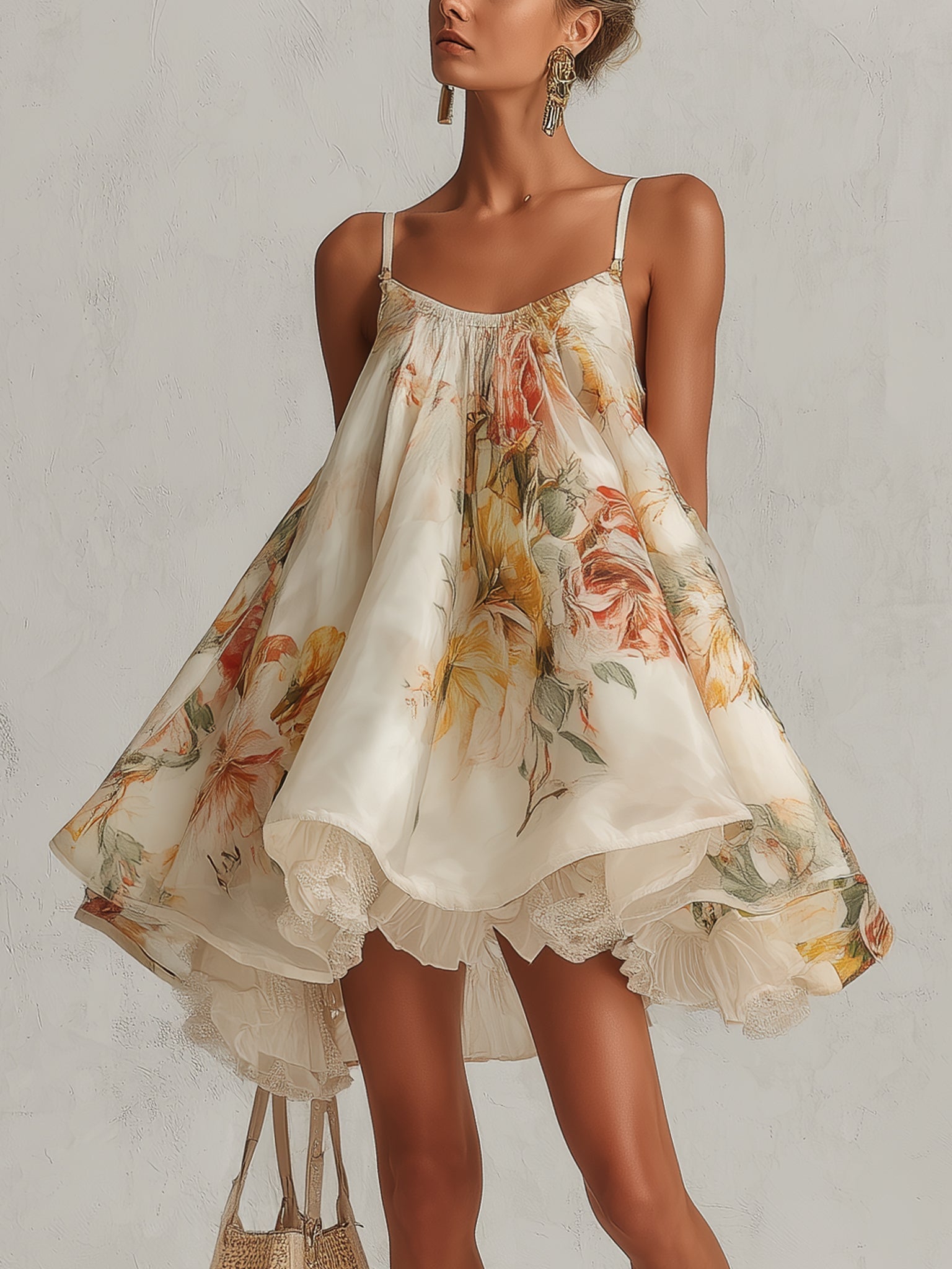 Orlinda™ | Floral Mini Trapeze Dress with Lace Hem