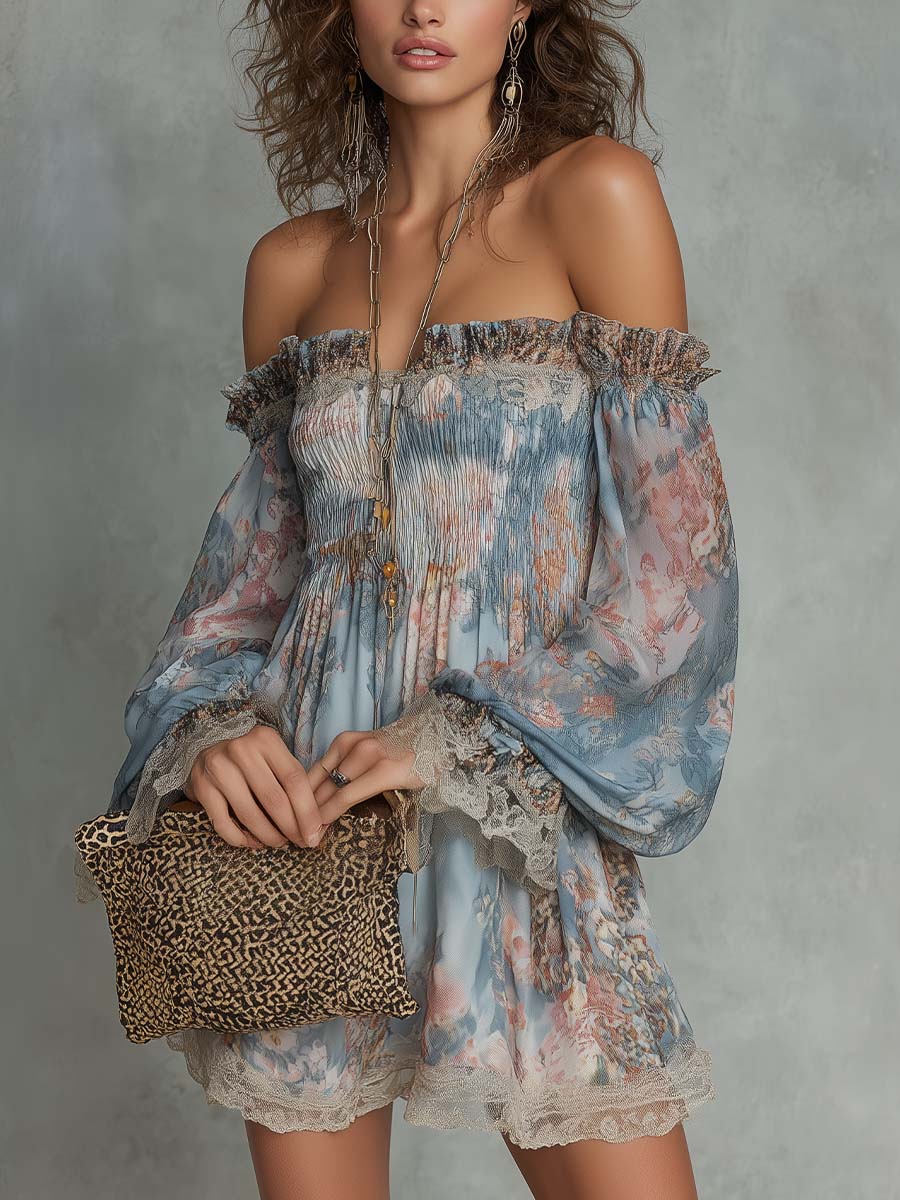 Dawnflora™ | Off-Shoulder Smocked Mini Dress with Romantic Floral Print