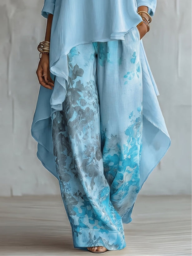 Eloura™ | Asymmetrical Top and Floral Wide-Leg Pants Set