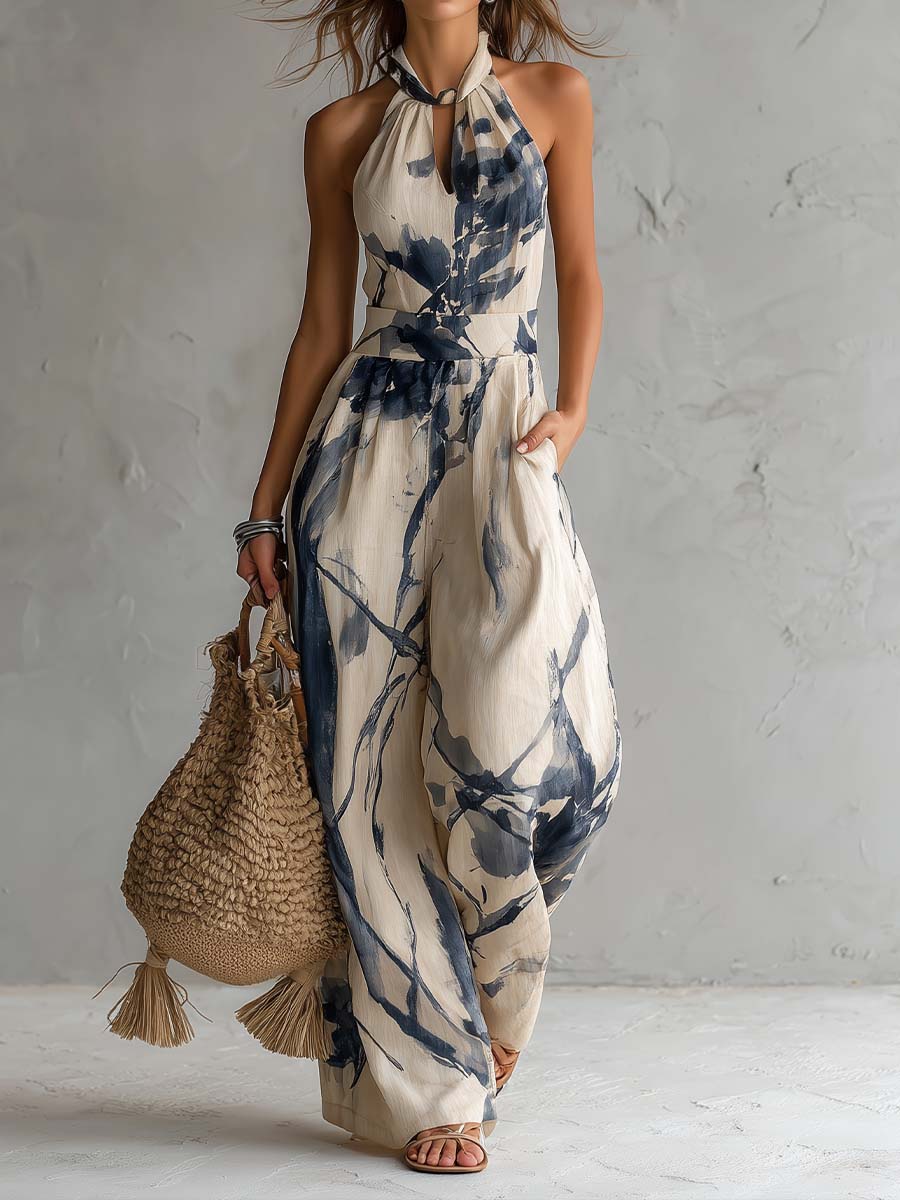 Esmé™ | Halter Neck Ink Wash Print Wide Leg Jumpsuit With Pockets