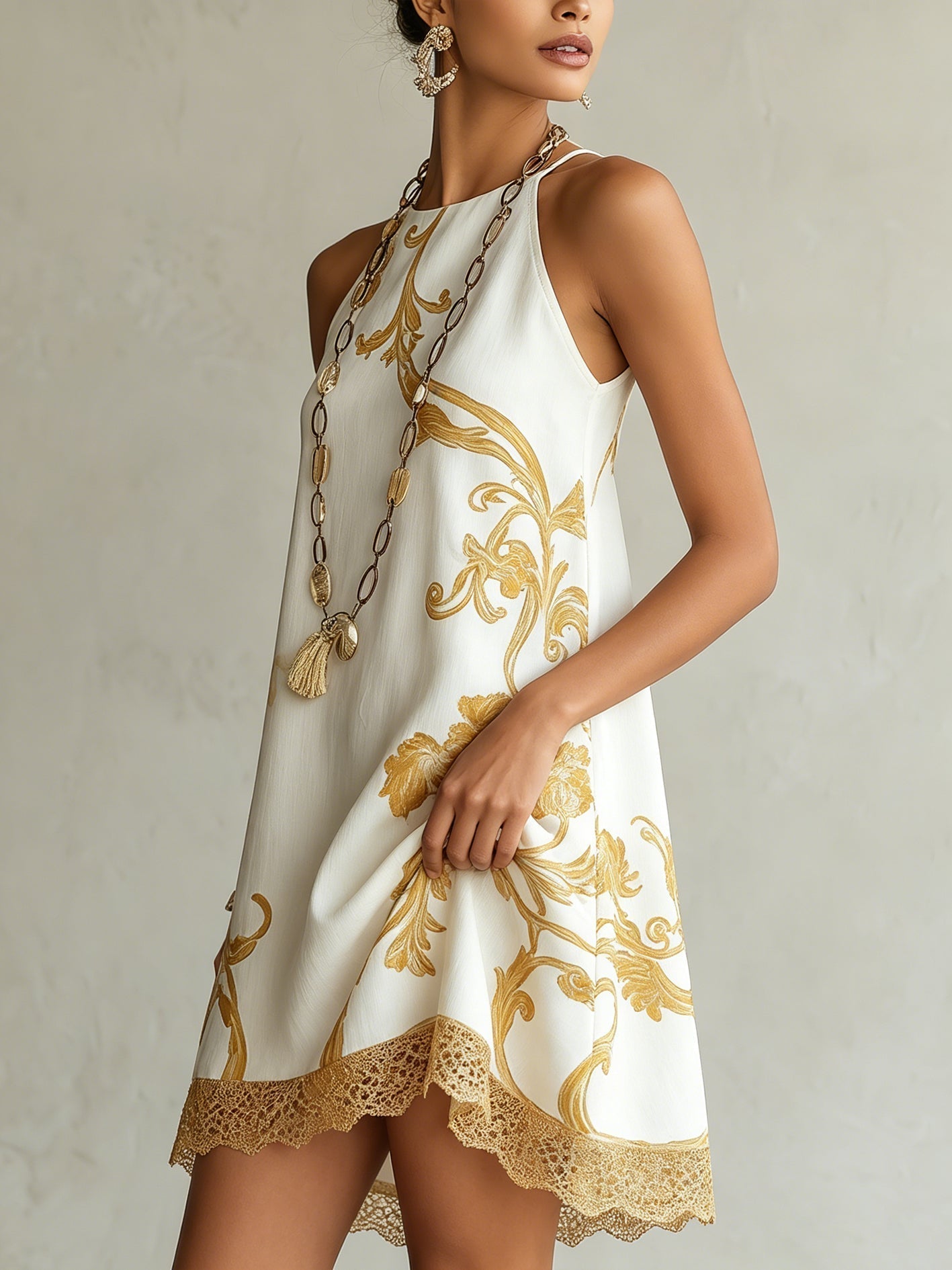 Valdine™ | White & Gold Baroque Mini Dress