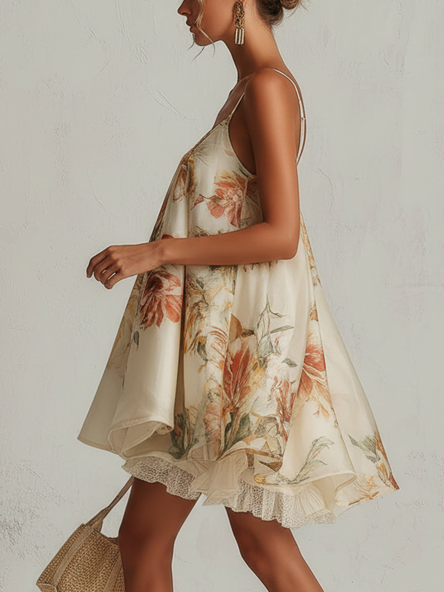 Orlinda™ | Floral Mini Trapeze Dress with Lace Hem