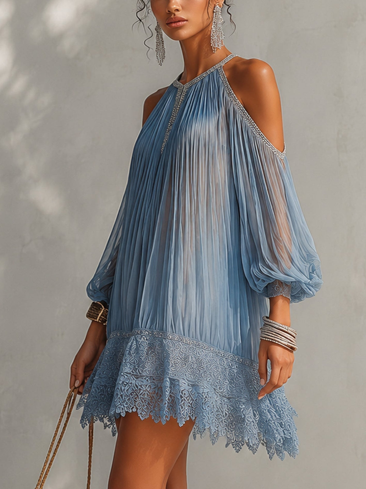Celeste | Mini Blue Dress with Off-Shoulder Ruching and Lace Hem