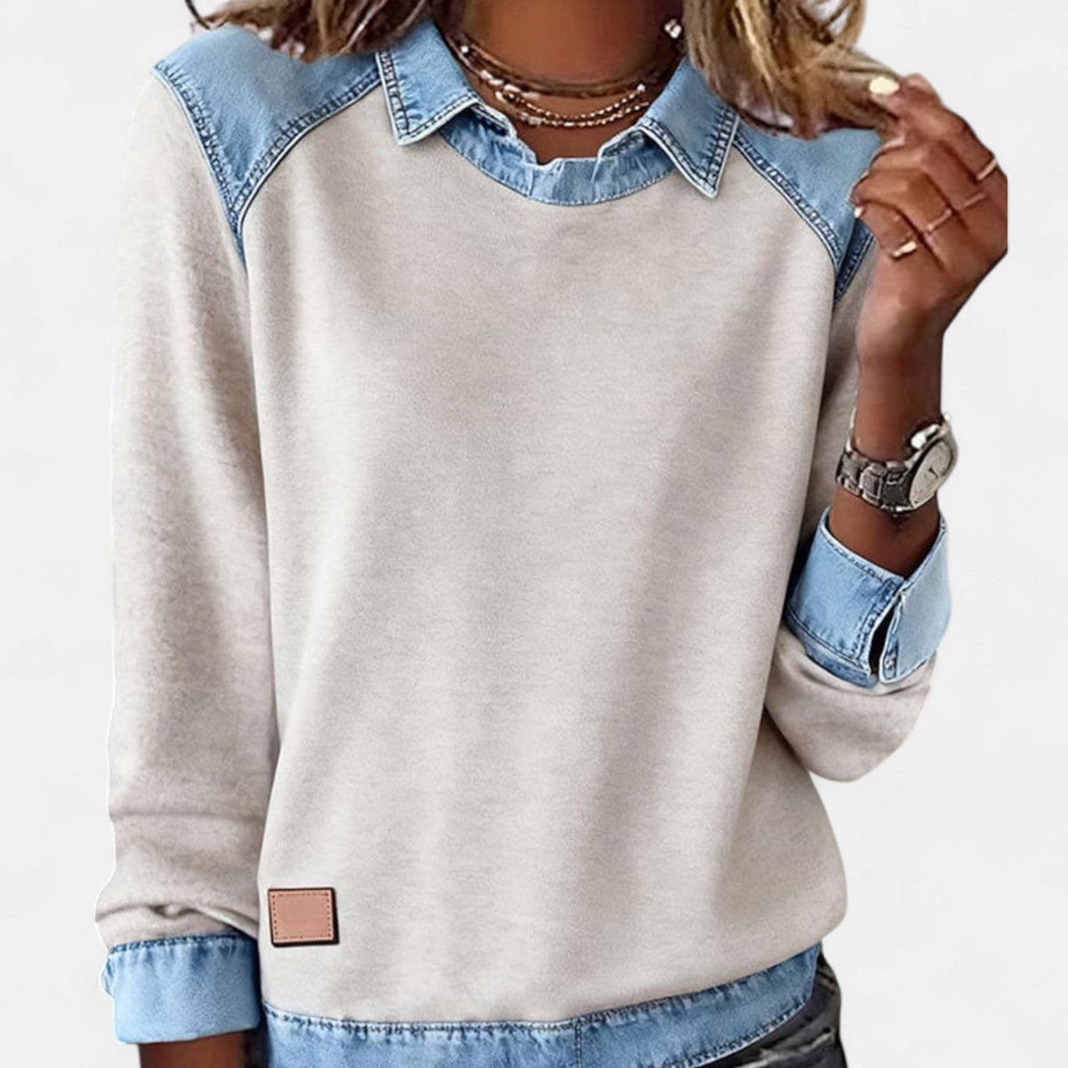 Ruth | Women's Denim Patchwork Collared Sweatshirt