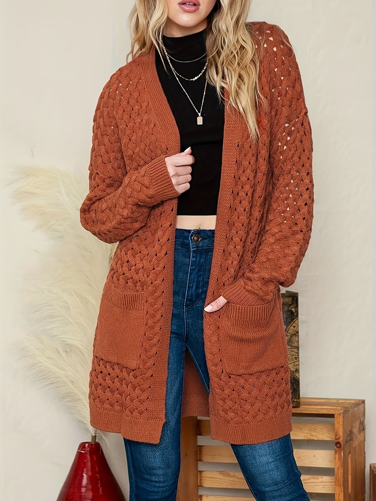 Keeley | Rust Openwork Longline Cardigan