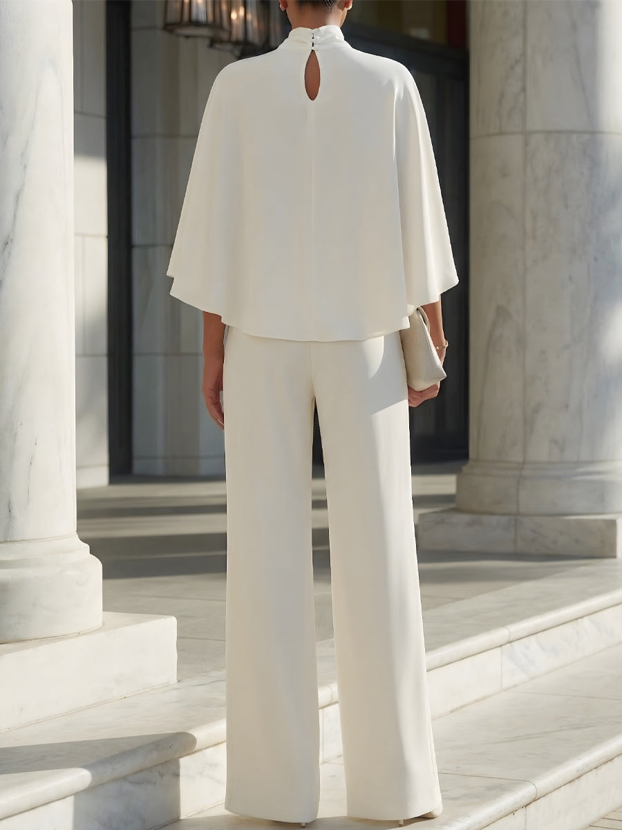 Kylara™ | High-Neck Cape-Sleeve Top & Wide-Leg Slit Pants Set