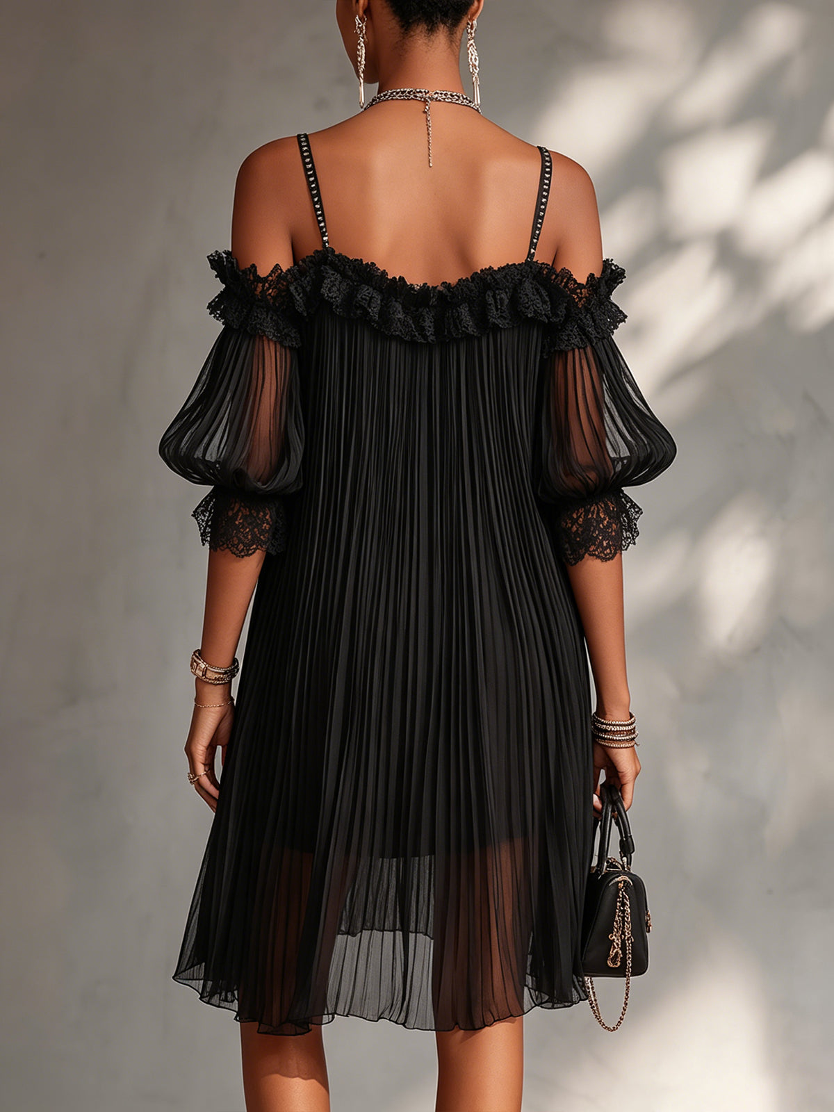 Clavinda™ | Cold-Shoulder Pleated Mini Dress with Lace Trim