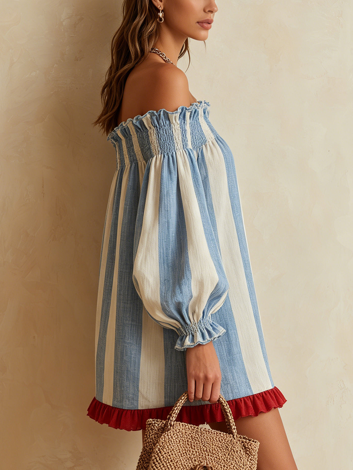 Vespara™ | Off-Shoulder Striped Mini Dress with Contrast Ruffle Hem