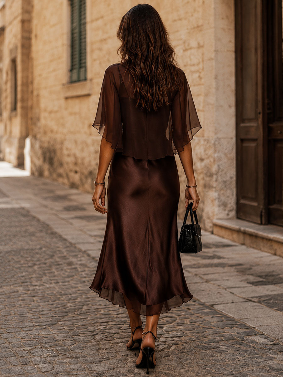 Kivara™ | Cape Overlay Midi Dress Two-Piece Set