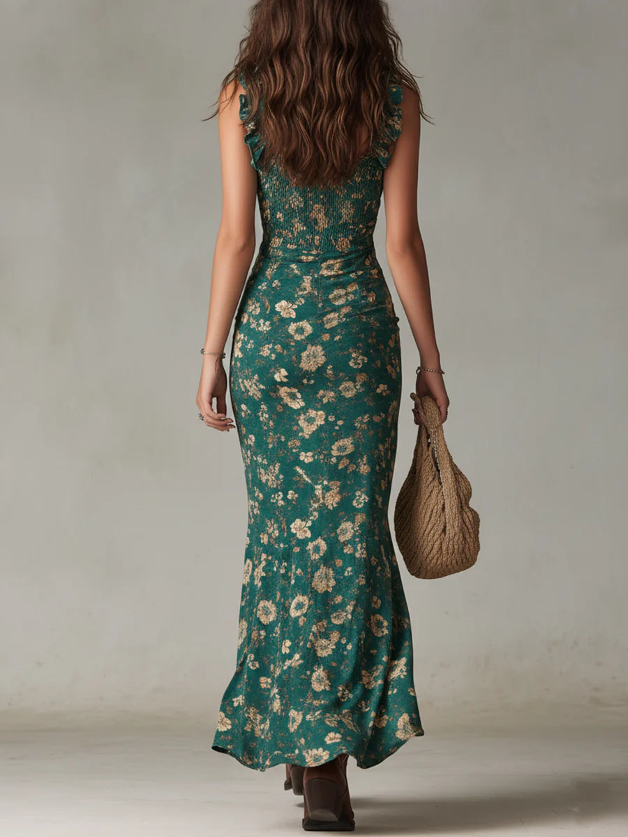 Valentina™ | Boho Floral Ruffle Maxi Dress with Smocked Bodice and Front Slit
