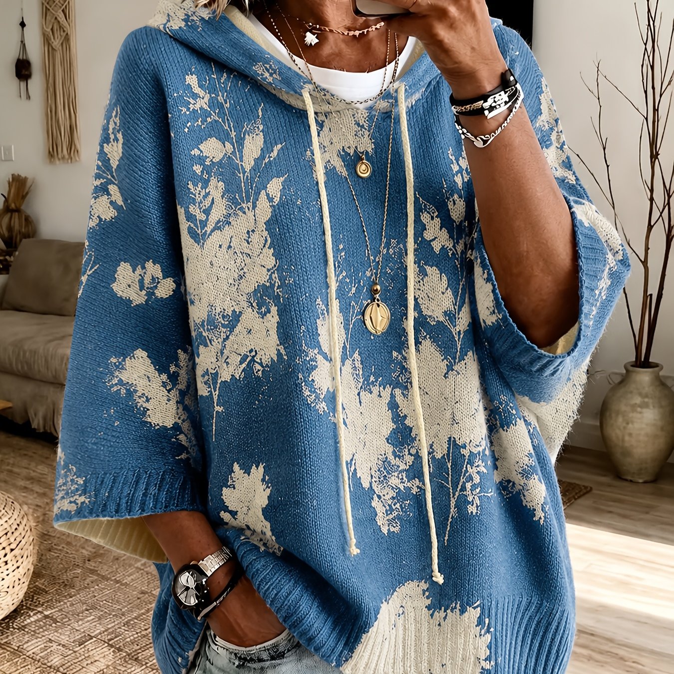 Nadia™ | Floral Hooded Cape Sweater