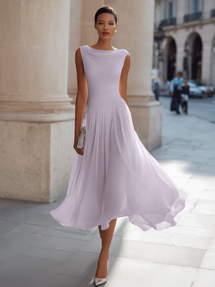 Kathleen™ | Draped Neckline Pleated Sleeveless Midi Dress
