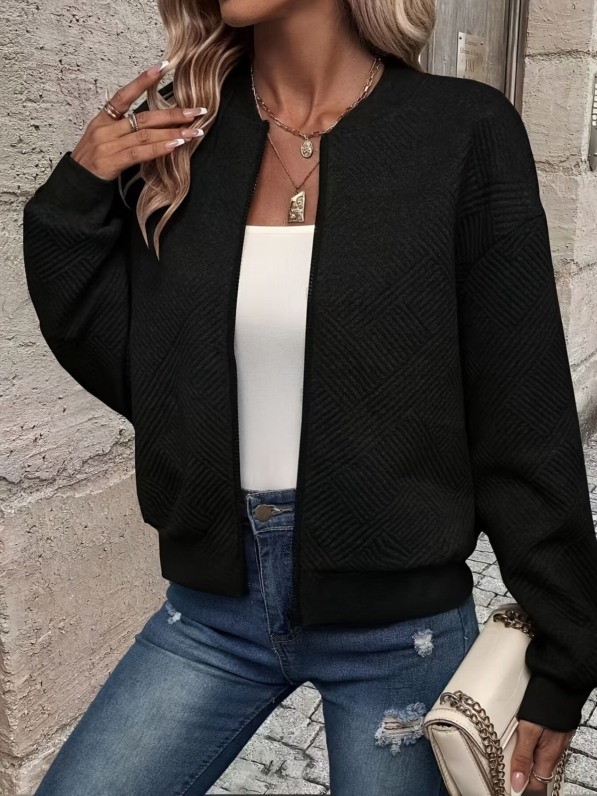 Quinlan | Black Waffle-Knit Zip Cardigan