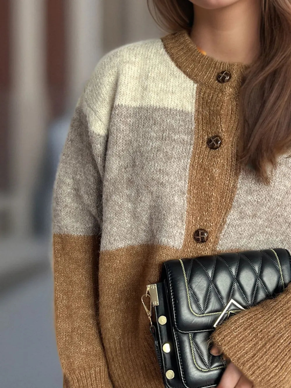 Elowyn™ | Color Block Round Neck Button-Up Cardigan