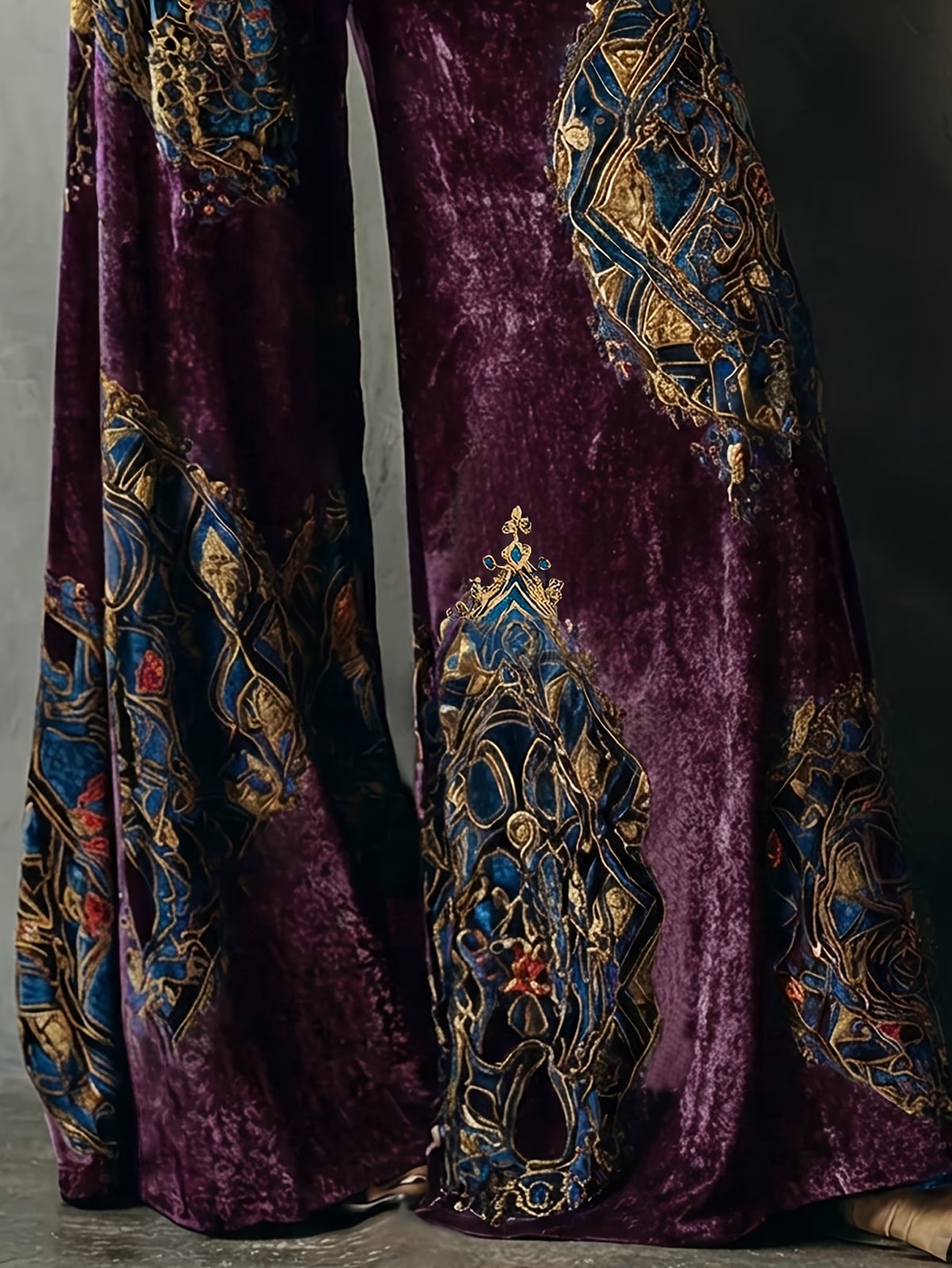 Grisella | Plum Paisley Velvet Palazzo Trousers