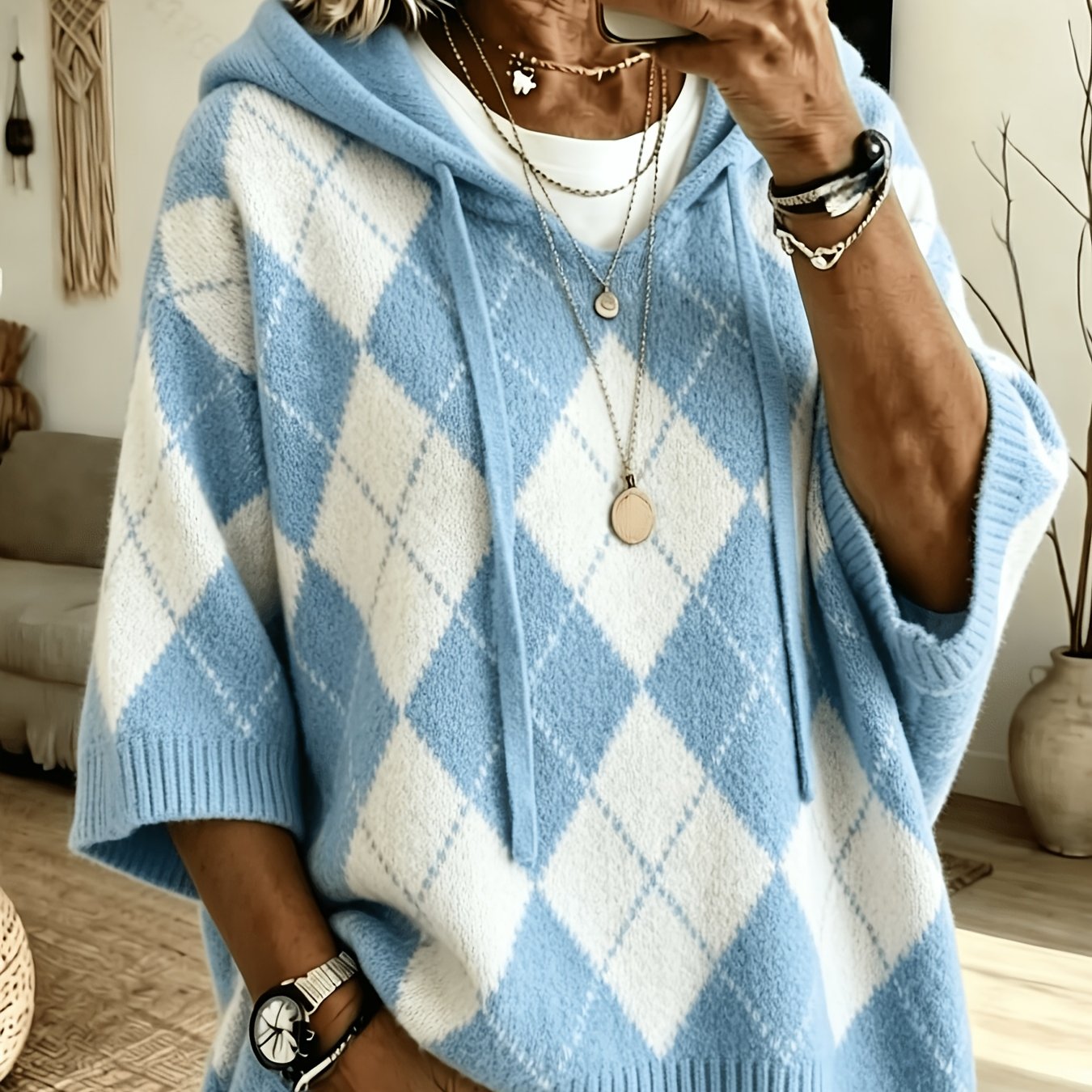 Nadia™ | Retro Diamond Hooded Sweater