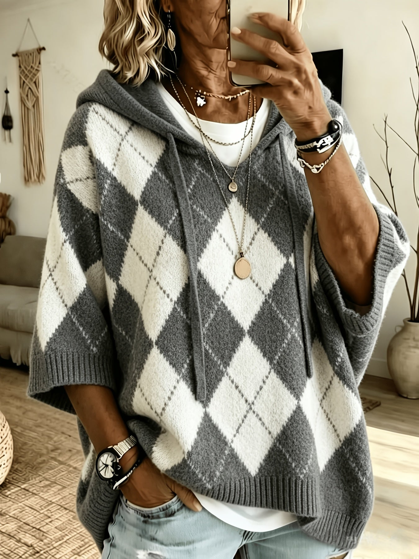 Nadia™ | Retro Diamond Hooded Sweater