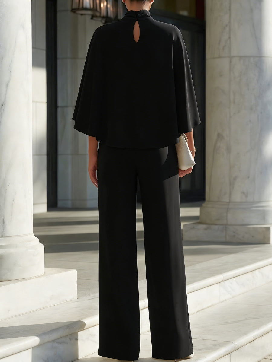 Kylara™ | High-Neck Cape-Sleeve Top & Wide-Leg Slit Pants Set