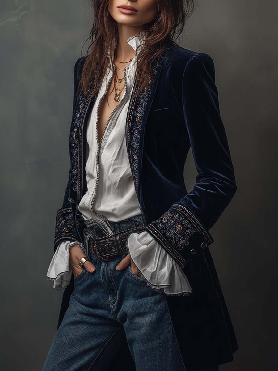 Vadrienne™ | Vintage Navy Embroidered Longline Jacket
