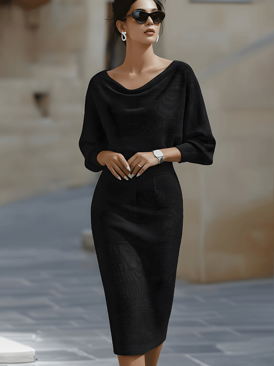 Belvaine™ | Draped Midi Dress with Batwing Sleeves
