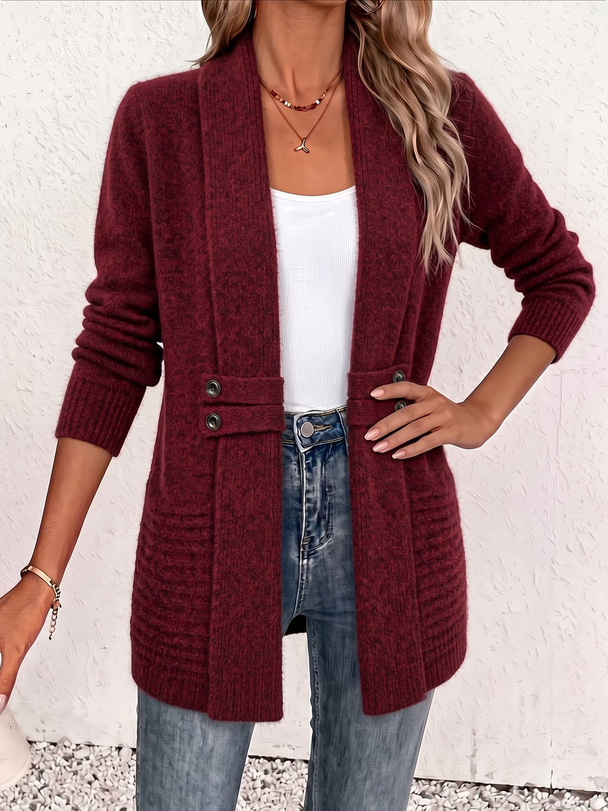 Marlowe™ | Burgundy Ribbed Knit Button-Tab Cardigan