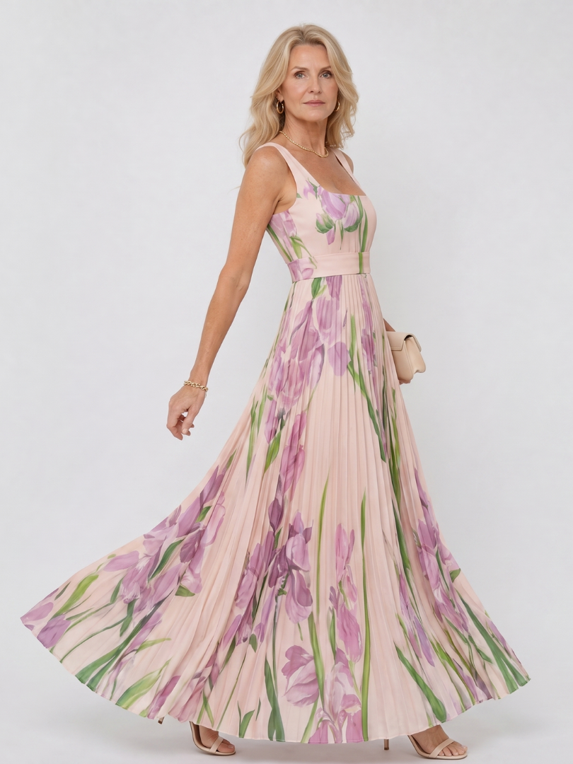 Glorine™ | Sleeveless Floral Pleated Maxi Dress with Square Neckline