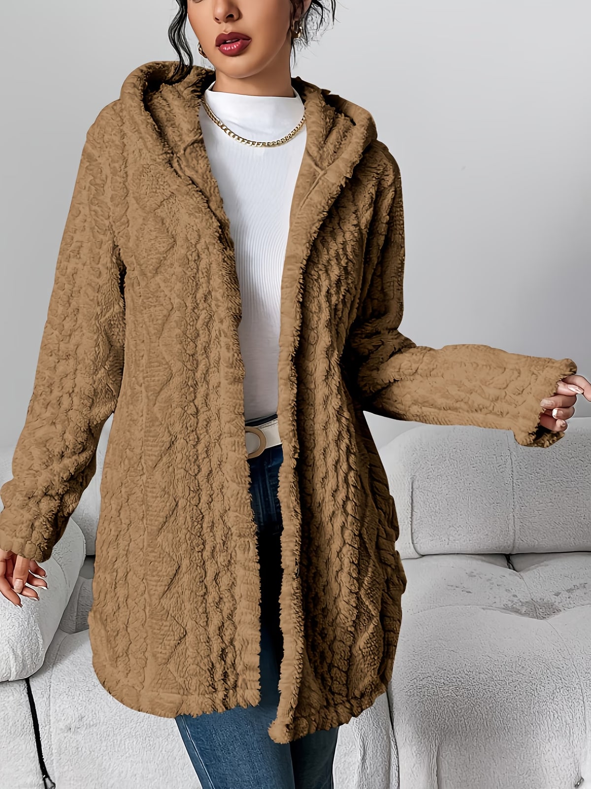 Indie | Camel Hooded Cable Cardigan