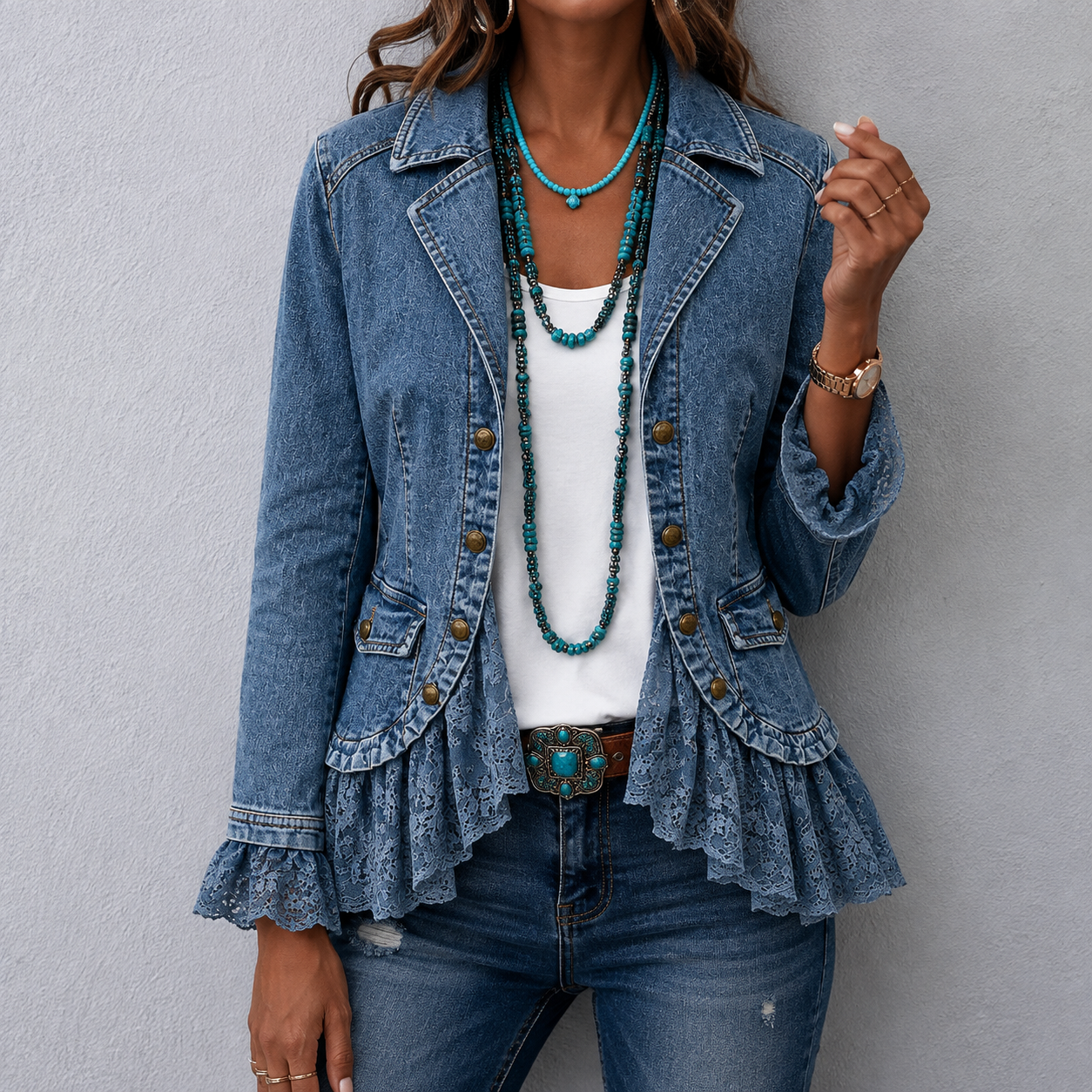 Haverlyn™ | Denim Lace Patch Ruffled Trim Jacket
