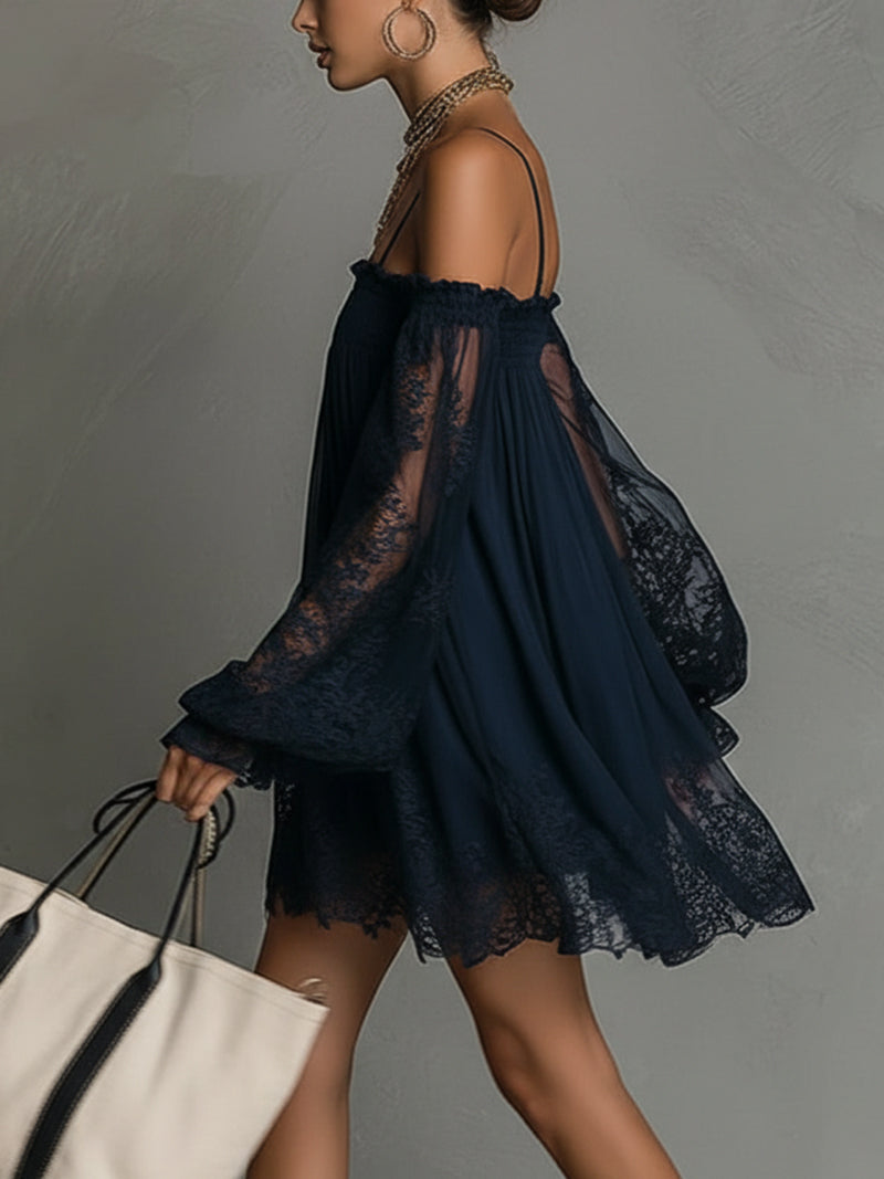 Louisa | Off-Shoulder Chiffon Dress with Lace Sleeves