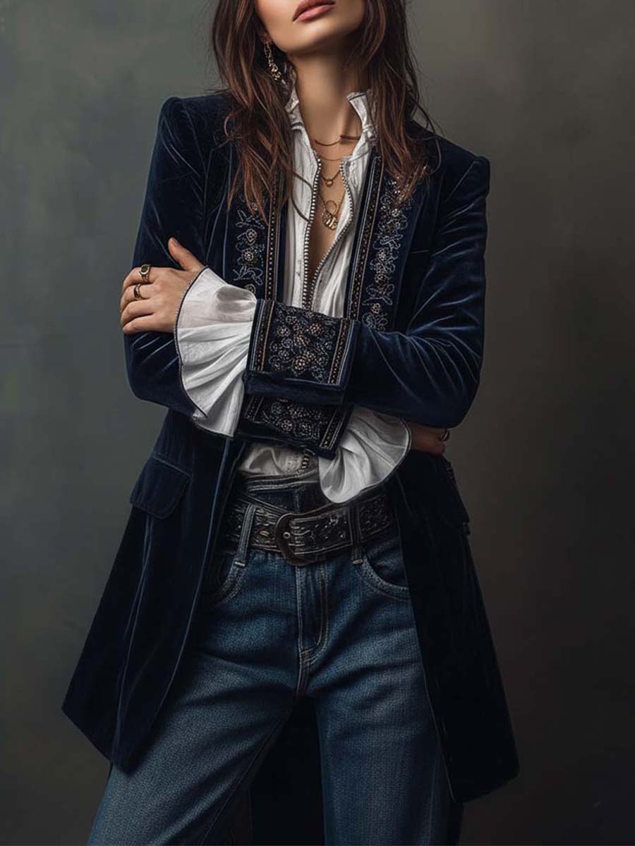 Vadrienne™ | Vintage Navy Embroidered Longline Jacket