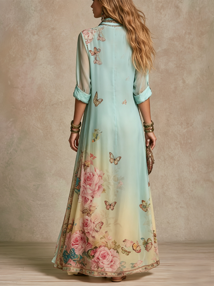 Ottilie™ | Baroque Style Mint Green Floral Maxi Dress