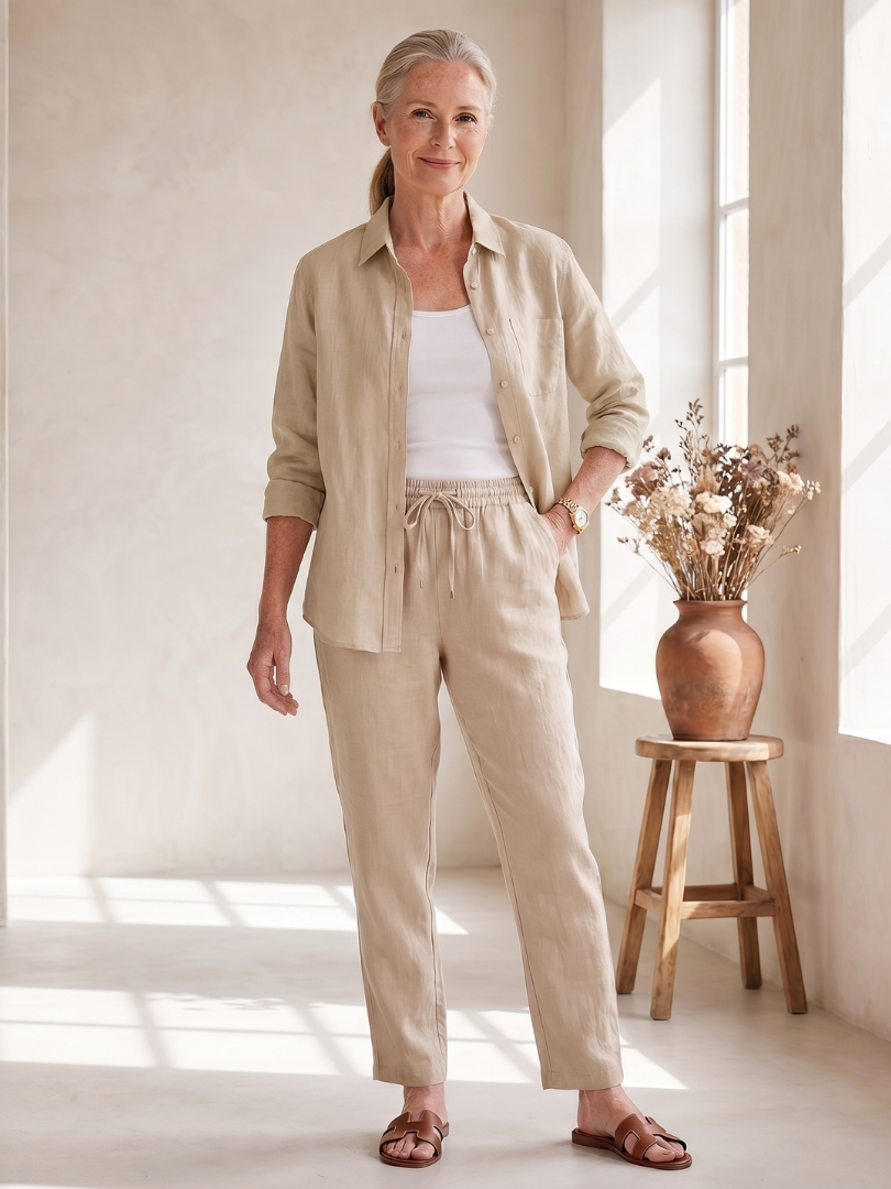 Katarina™ | Long Sleeve Button-Front Shirt & Tapered Pants Set