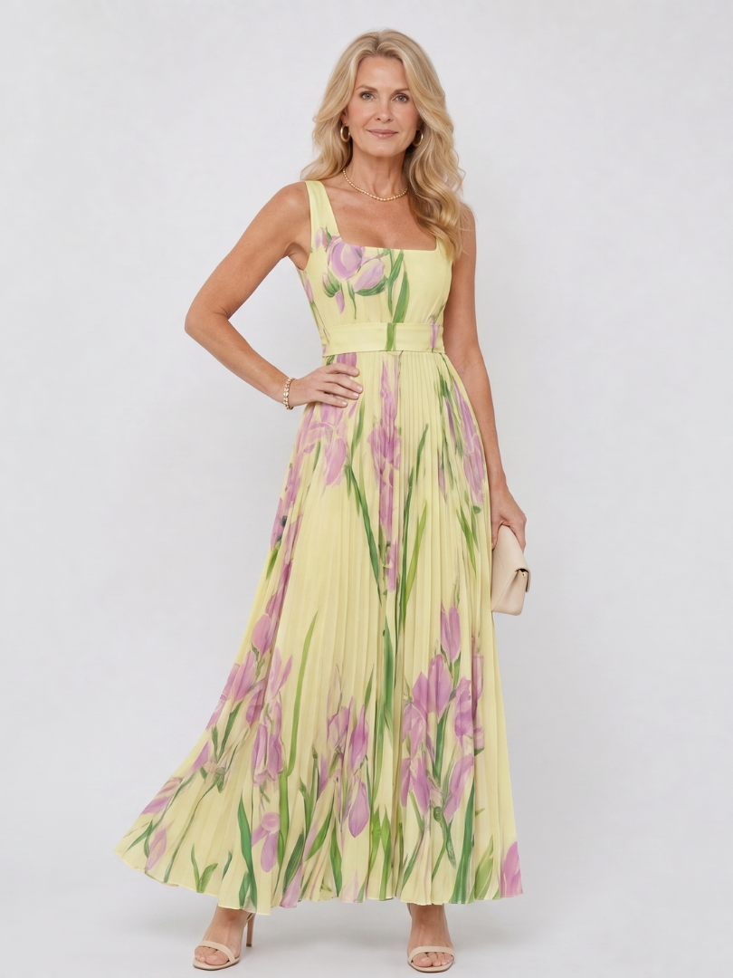 Glorine™ | Sleeveless Floral Pleated Maxi Dress with Square Neckline