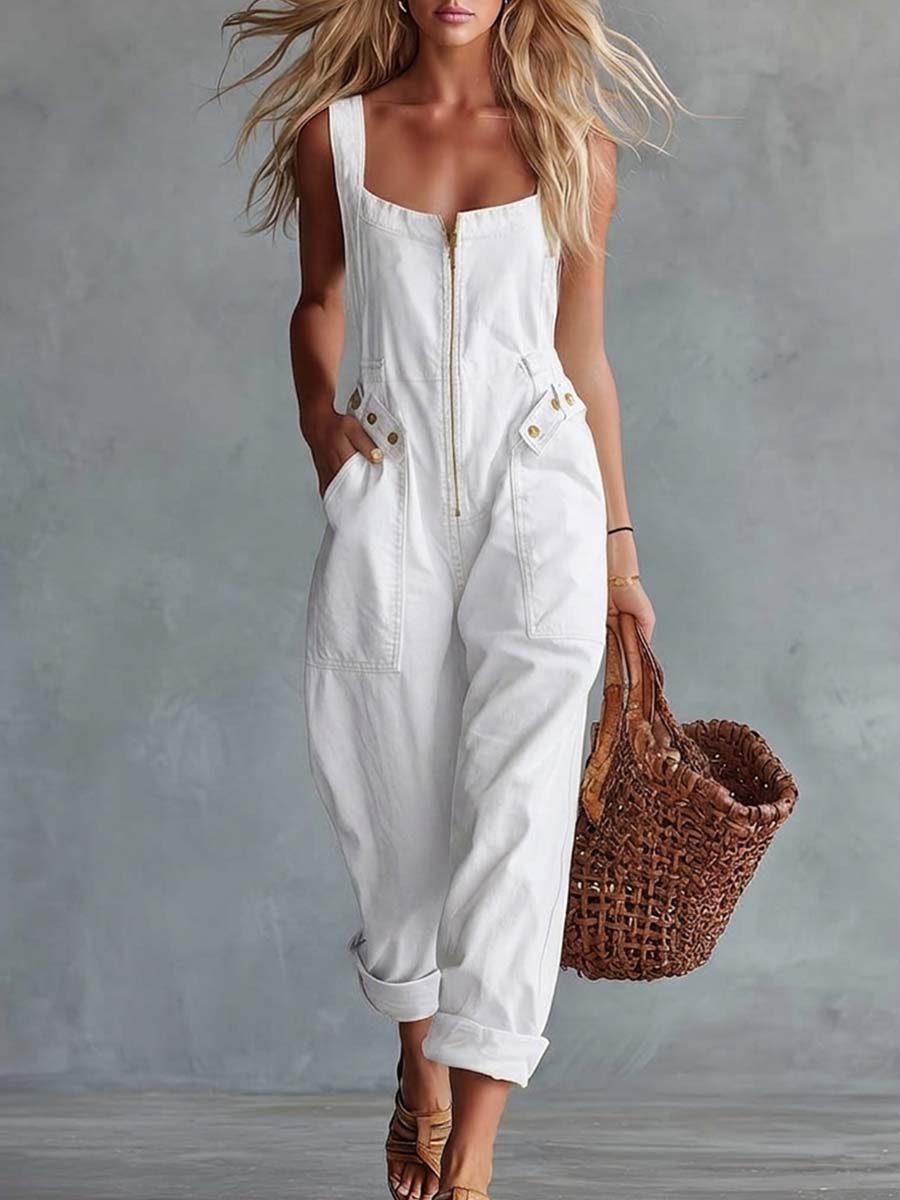 Corinne™ | Casual Retro Square Neck Front Zipper Jumpsuit