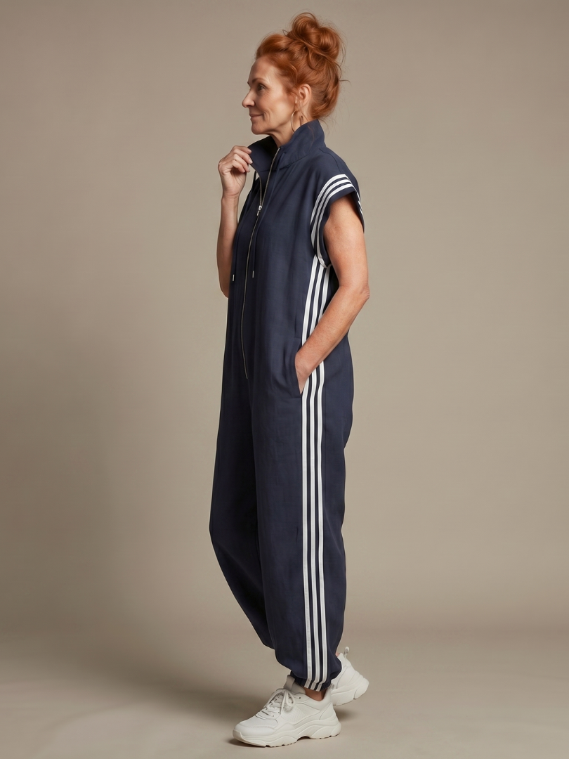 Jivonne™ | Zip Front Stripe Panel Jumpsuit