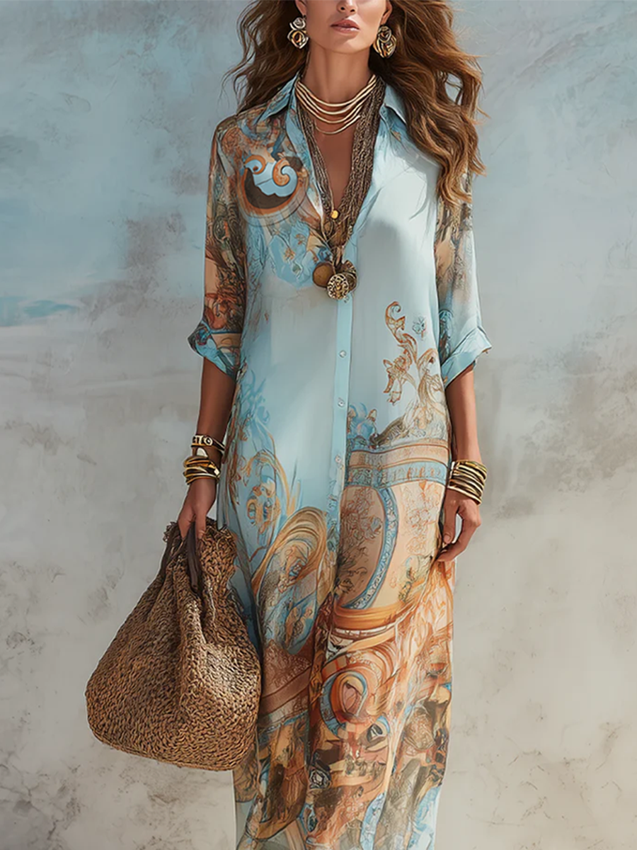 Tessamine™ | Baroque Floral Print Maxi Shirt Dress