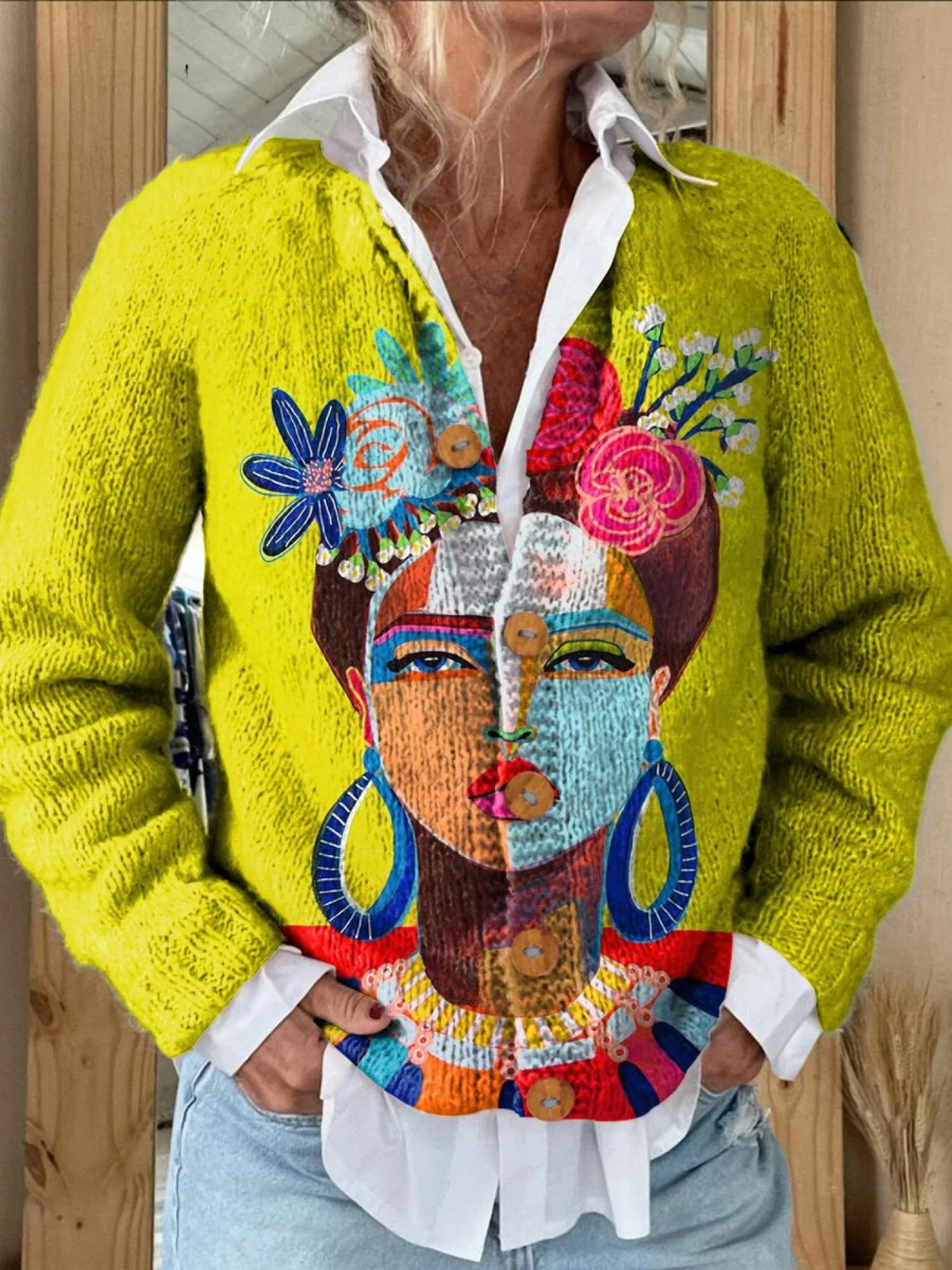 Rosveline™ | Painting Portrait Art Print Buttoned Cardigan