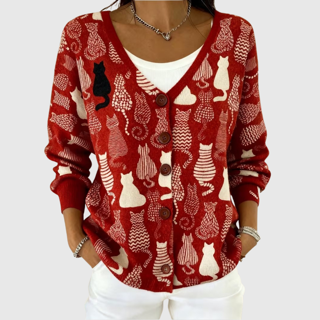 Romilly™ | Button-Front Cat Print Cardigan
