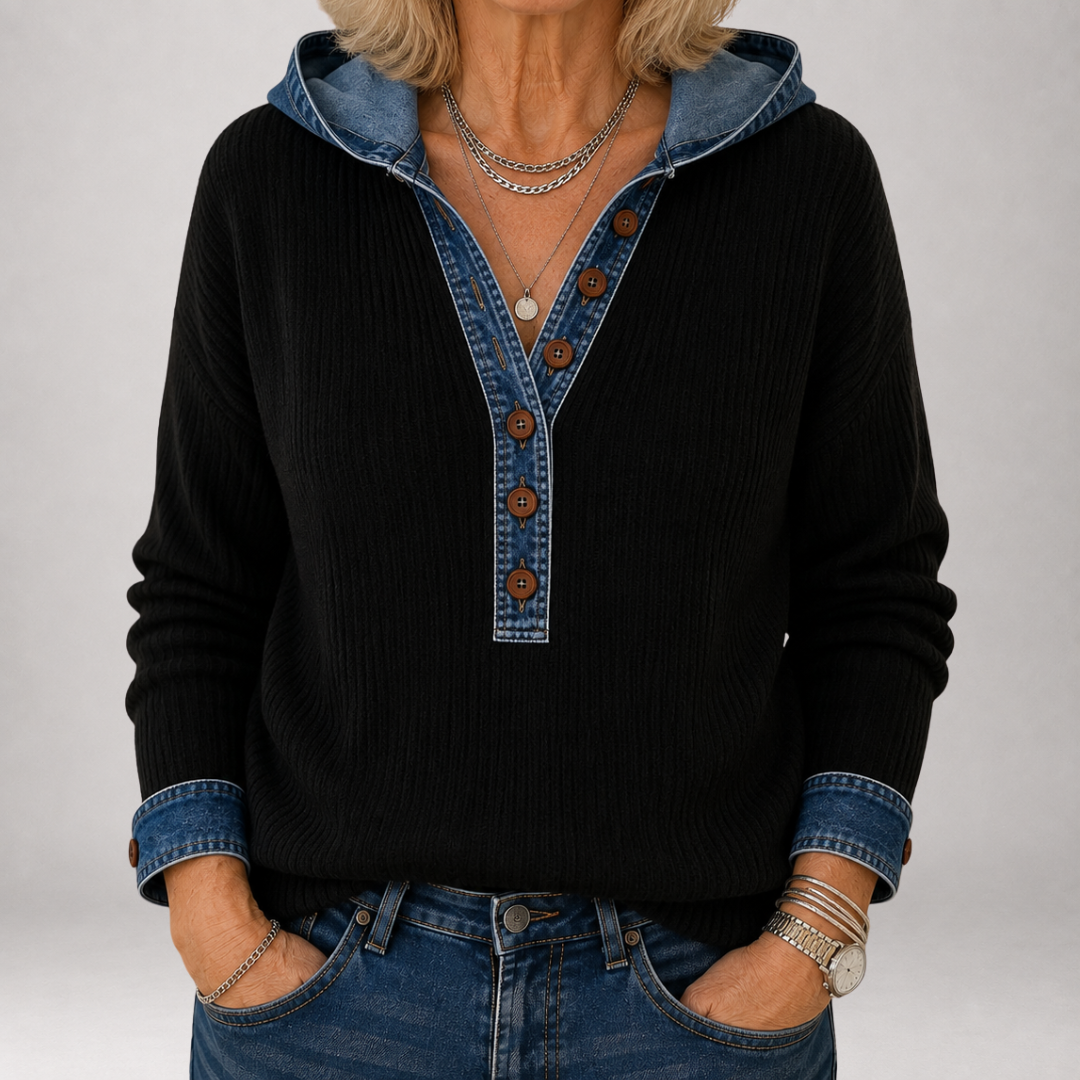 Winnow™ | Denim Trim Hooded Henley Sweater