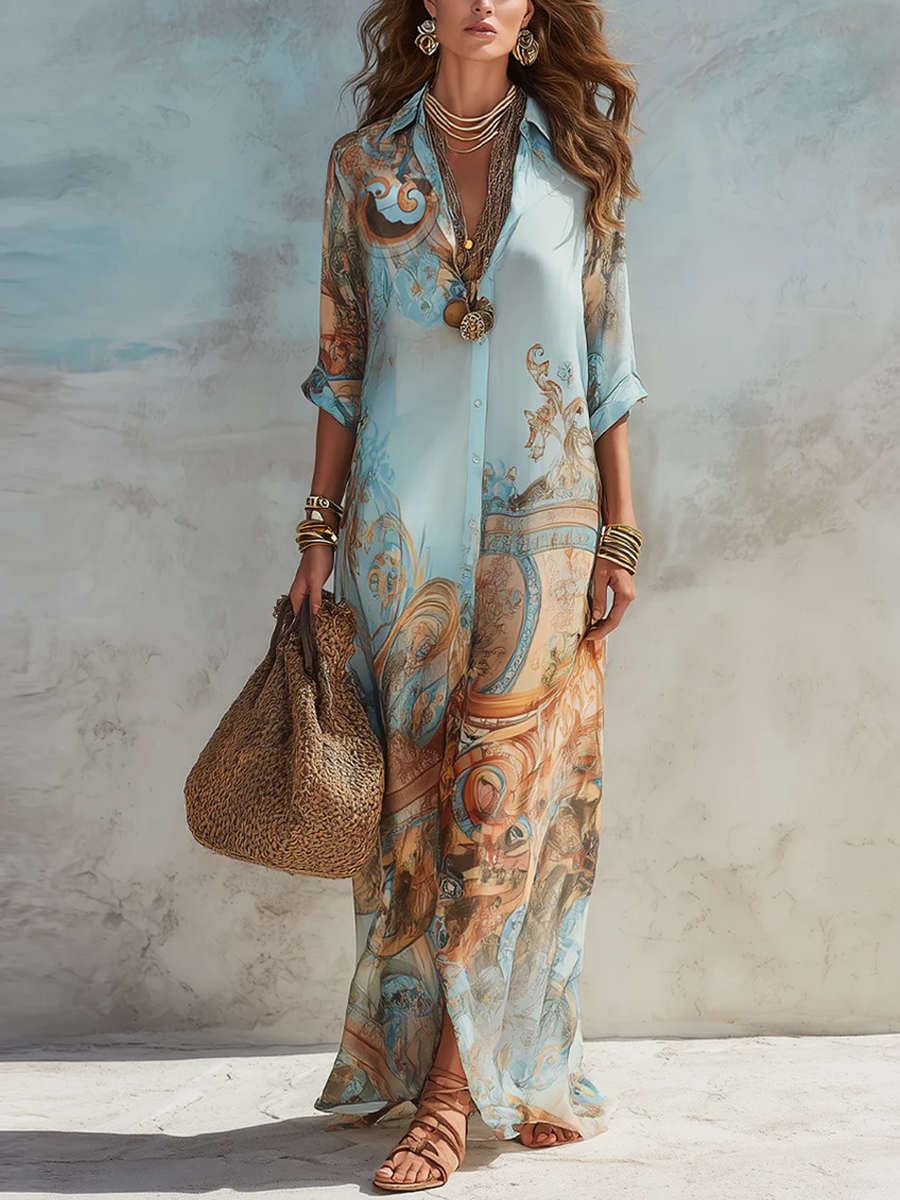 Tessamine™ | Baroque Floral Print Maxi Shirt Dress