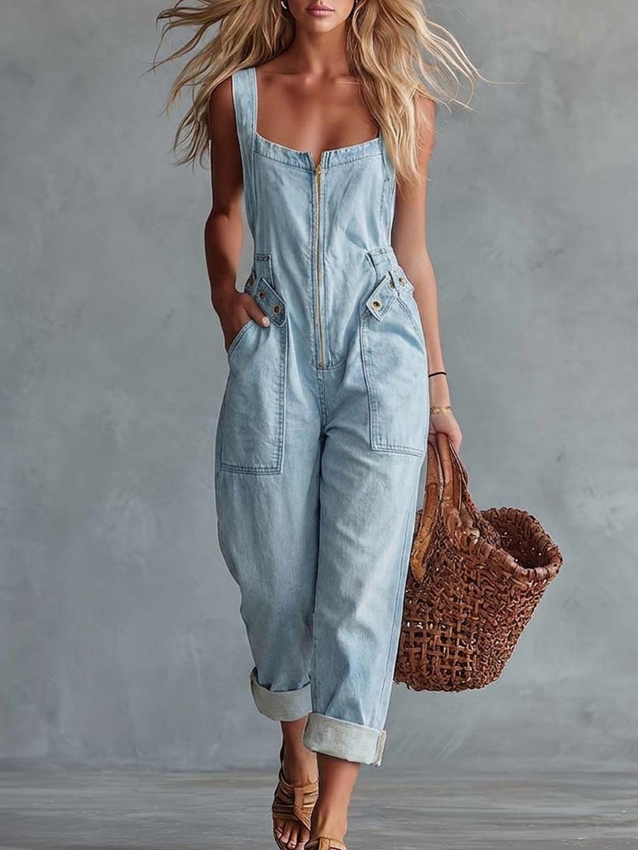 Corinne™ | Casual Retro Square Neck Front Zipper Jumpsuit