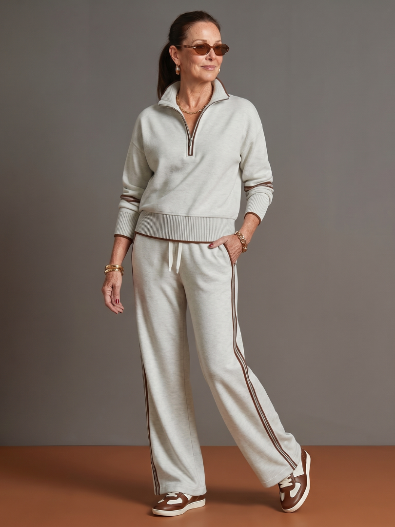 Everly™ | Zip Neck Long Sleeve Side Stripe Pants Set