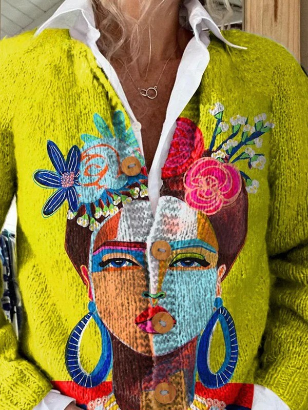 Rosveline™ | Painting Portrait Art Print Buttoned Cardigan