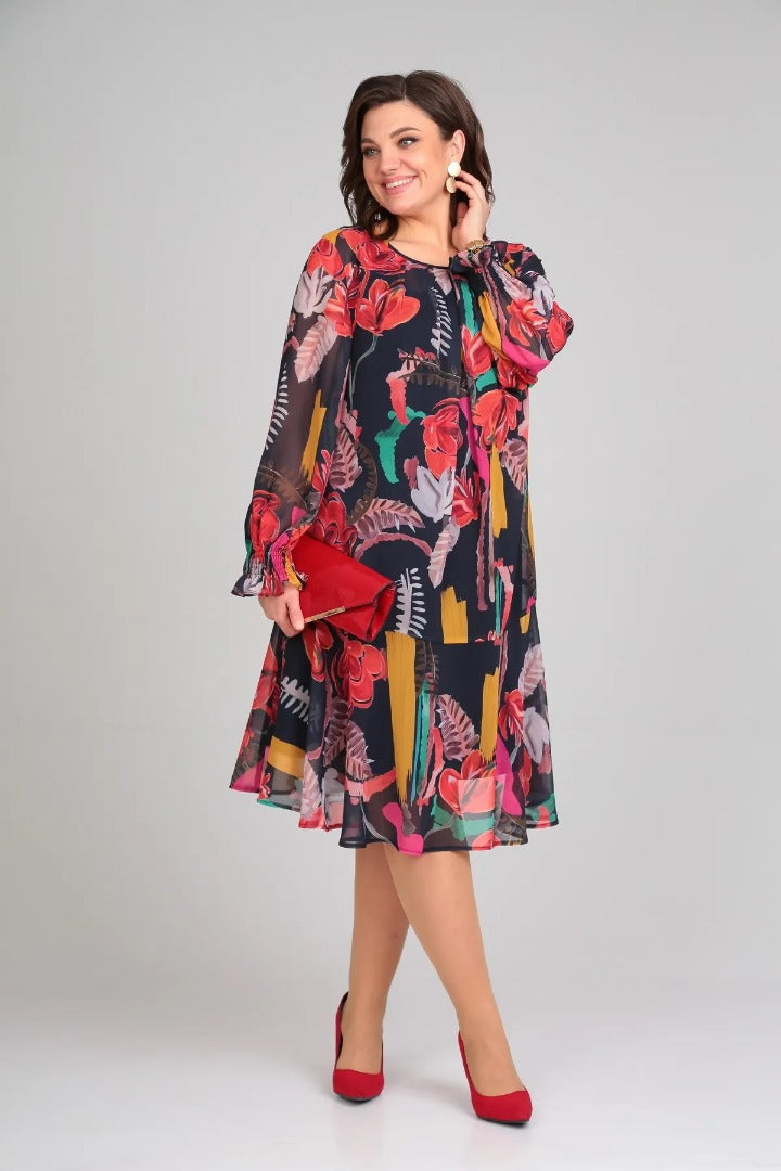 Helena™ | Bold Floral Print Long-Sleeve Midi Dress