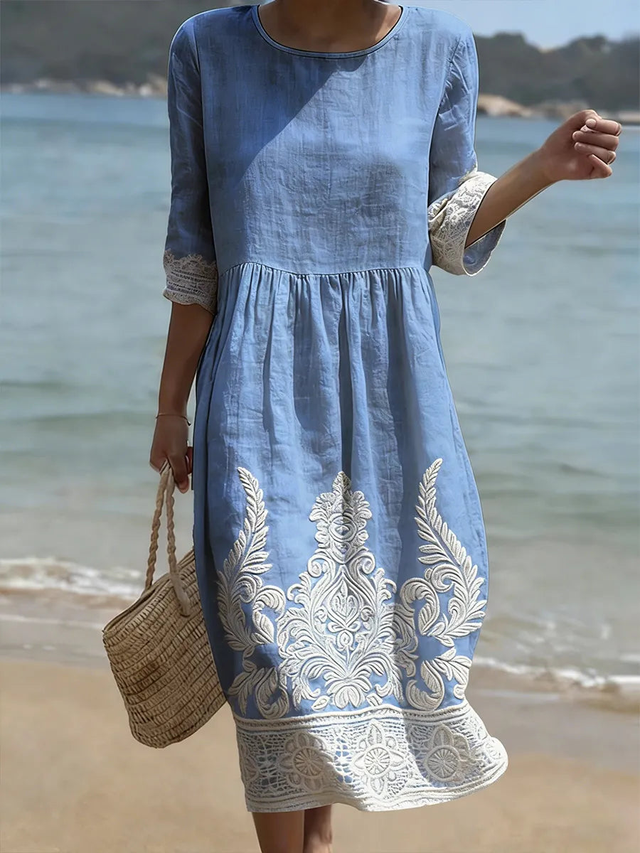 Sylvaine™ | Embroidered Midi Dress with Lace Trim