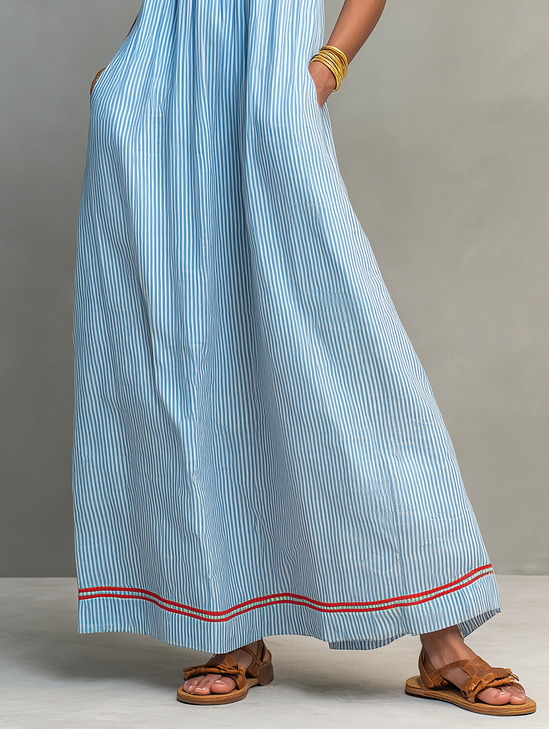 Saffron™ | Striped Maxi Dress with Red Trim and Spaghetti Straps