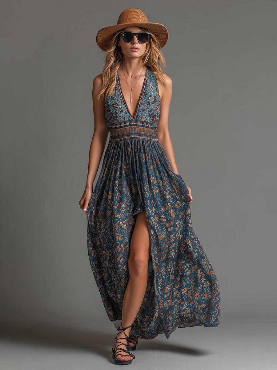 Idara™ | Retro Bohemian Teal Floral Printed Sleeveless Maxi Dress