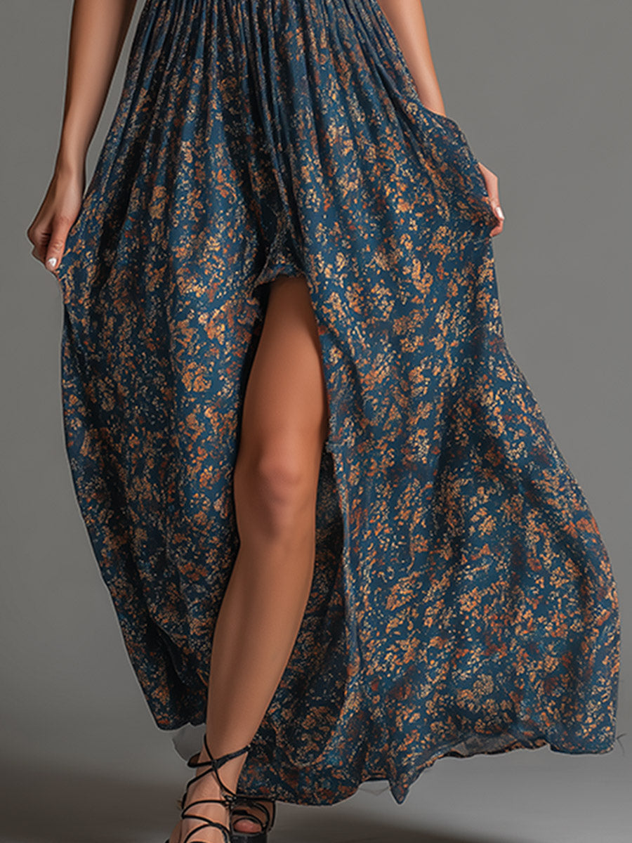 Idara™ | Retro Bohemian Teal Floral Printed Sleeveless Maxi Dress
